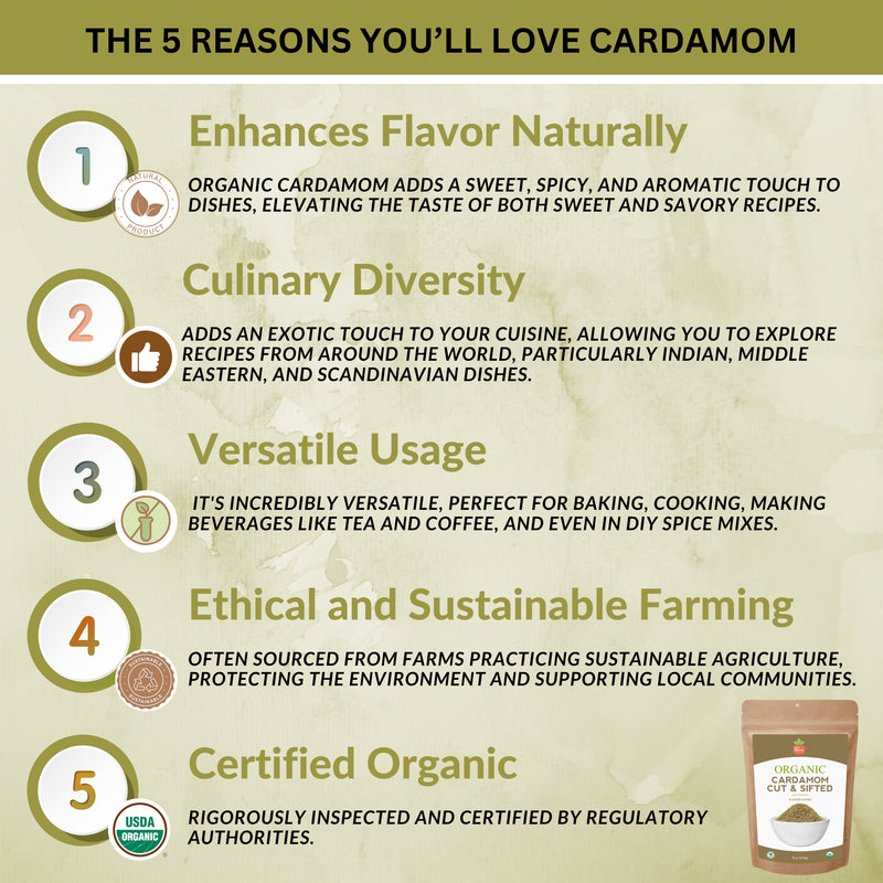 Organic Cut & Sifted Cardamom – USDA Certified Organic- Pure Flavor Boost for Beverages, Cooking & Baking