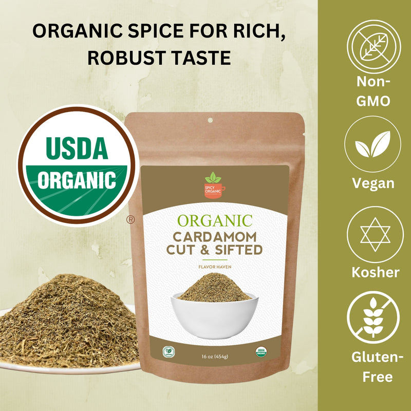 Organic Cut & Sifted Cardamom – USDA Certified Organic- Pure Flavor Boost for Beverages, Cooking & Baking