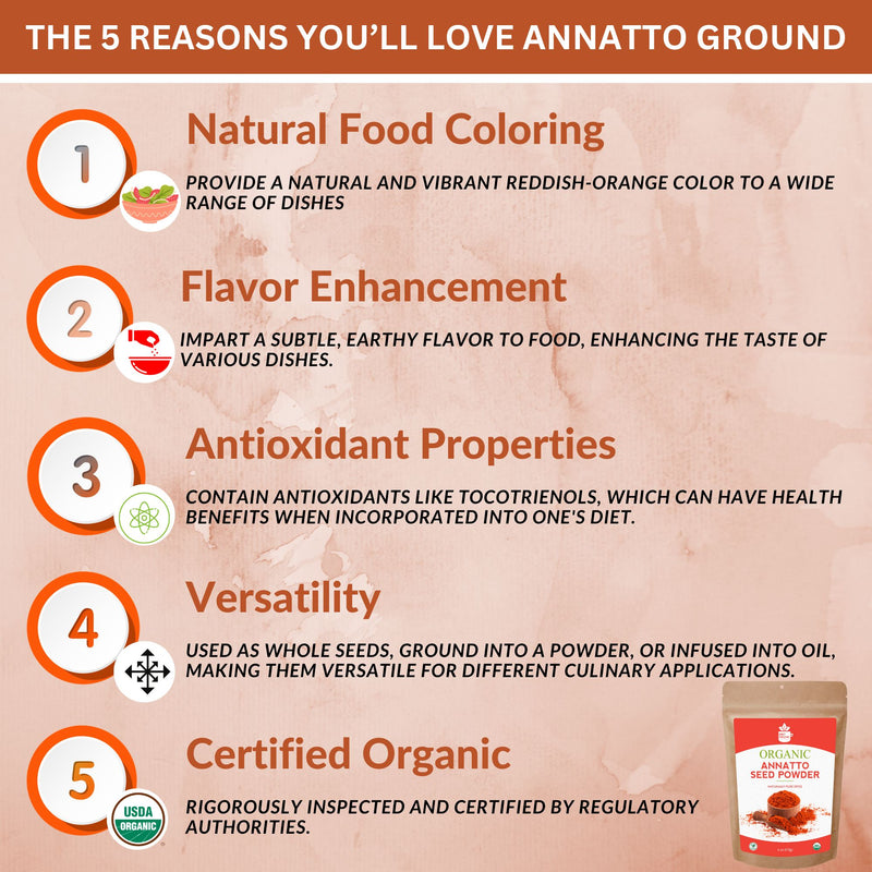 Organic Annatto Ground - Certified USDA Organic - Ground Achiote Powder for Seasoning and Cooking