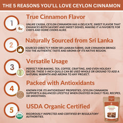 Organic Ceylon Cinnamon Sticks – 3.5-Inch True Cinnamon Quills from Sri Lanka, USDA Organic & Kosher Certified, Non-GMO, Premium for Baking, Beverages & Crafts