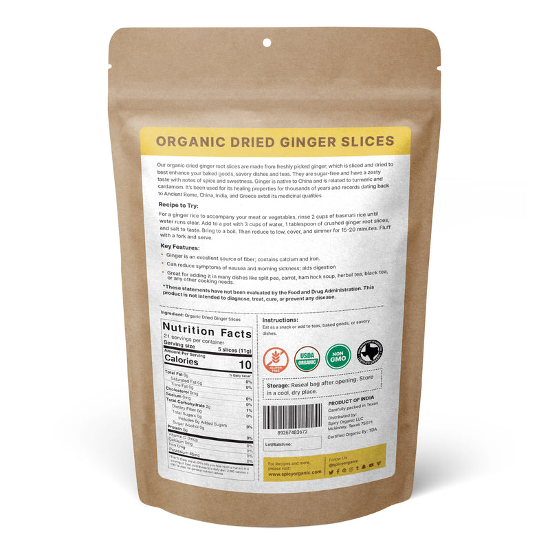 SPICY ORGANIC Dried Ginger Slices - 100% Pure USDA Organic - Non-GMO, Gluten-Free - Natural Seasoning Choice - 21 Servings Per Container..