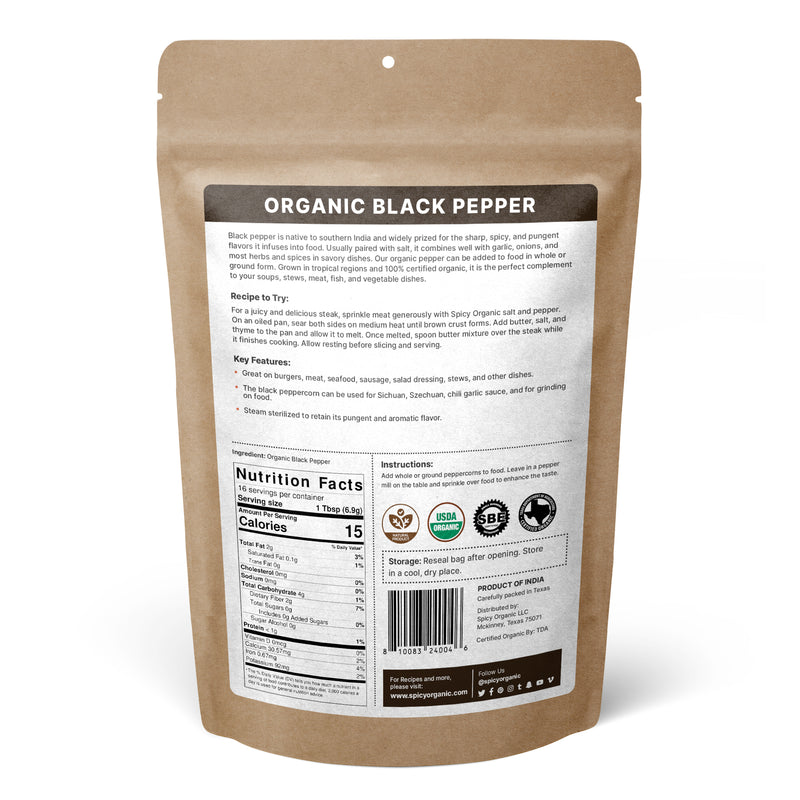 SPICY ORGANIC Black Pepper - 100% Pure USDA Organic - Non-GMO - Perfect For Soups & Stews - Whole Black Peppercorns.