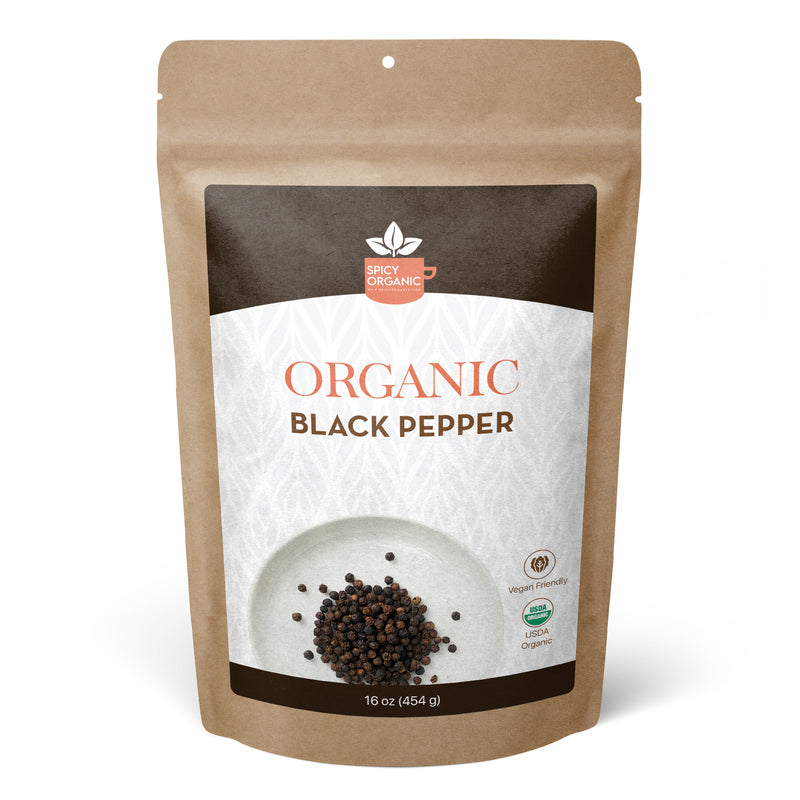 SPICY ORGANIC Black Pepper - 100% Pure USDA Organic - Non-GMO - Perfect For Soups & Stews - Whole Black Peppercorns.